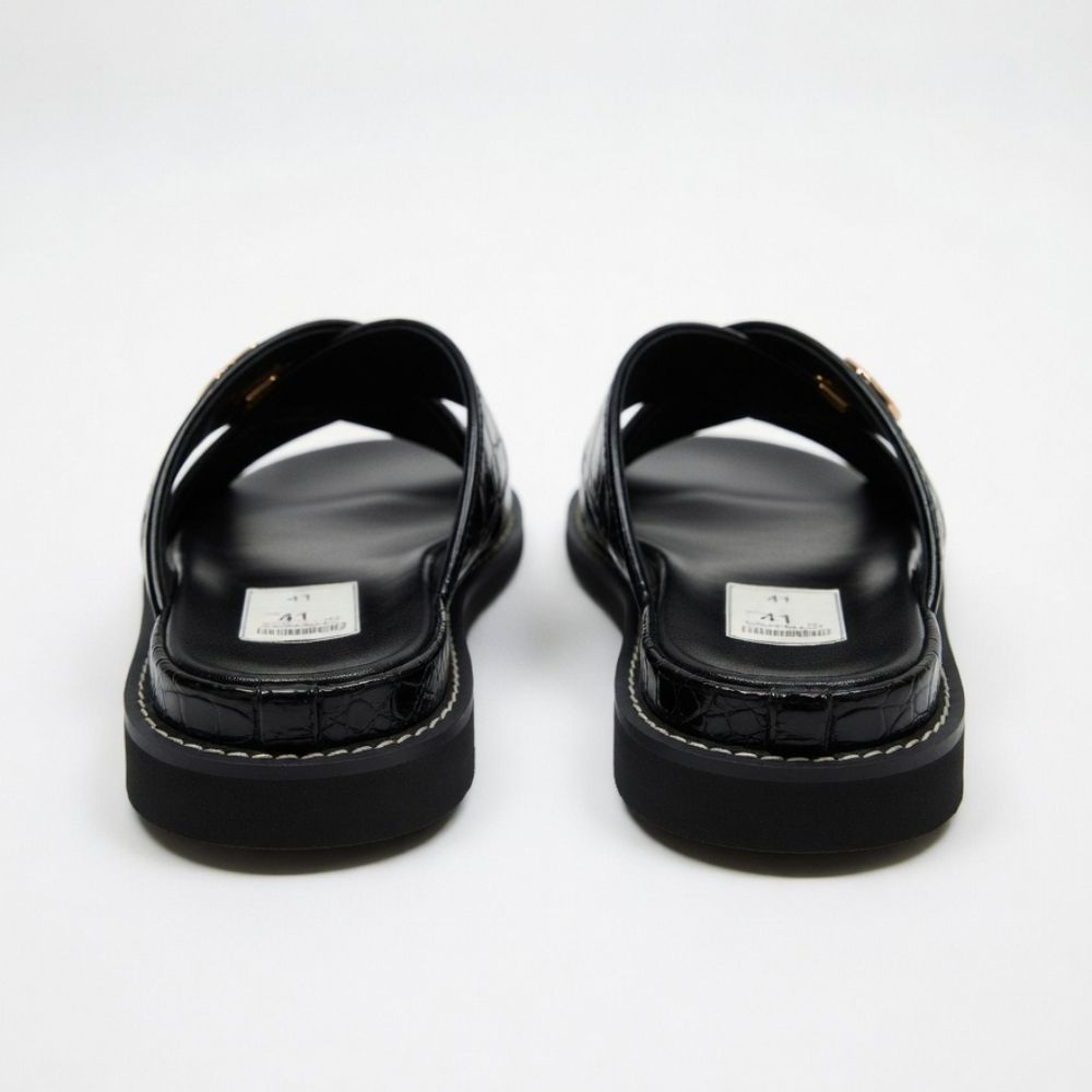 Luxurious Men Black Croc Leather Slider Sandals with Gold Details